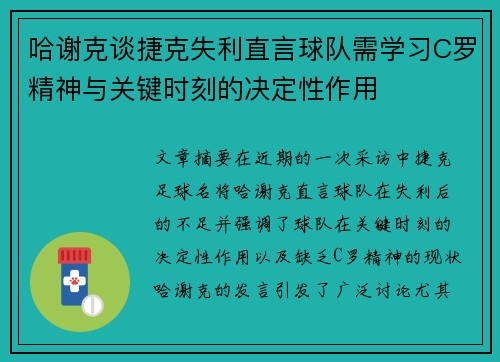 哈谢克谈捷克失利直言球队需学习C罗精神与关键时刻的决定性作用