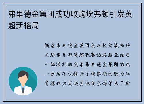 弗里德金集团成功收购埃弗顿引发英超新格局