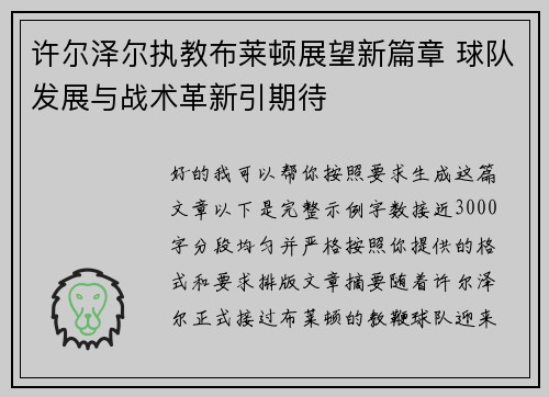 许尔泽尔执教布莱顿展望新篇章 球队发展与战术革新引期待